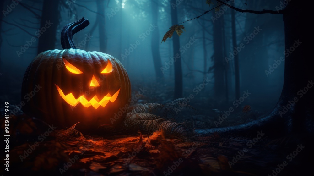 Naklejka premium Spooky Jack-o'-lantern in a Foggy Forest