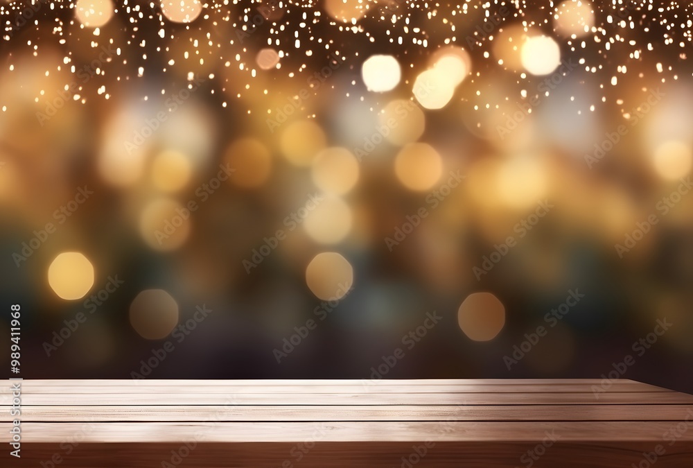 Wooden Tabletop with Christmas Tree Bokeh Lights Wooden Tabletop with Christmas Tree Bokeh Lights