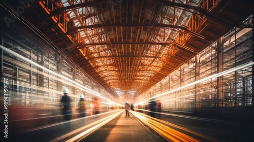 Dynamic construction site filled with workers captured in long exposure motion blur effect