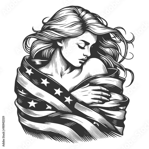 graceful woman draped in the American flag, serene and patriotic expression in vintage-style artwork sketch engraving generative ai vector illustration. Scratch board imitation. Black and white image