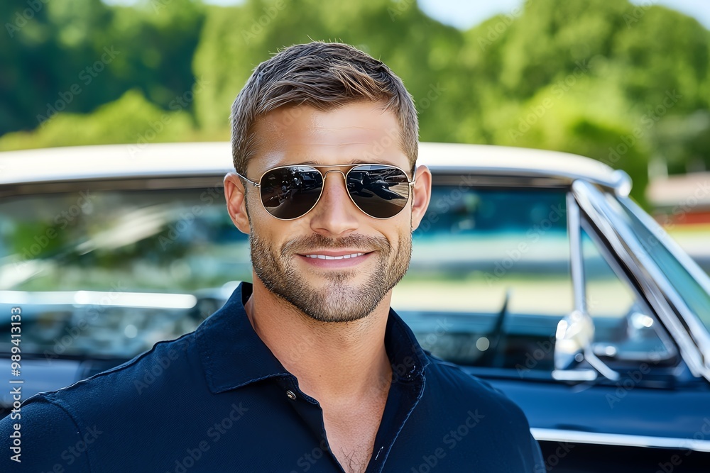 A man with sunglasses and a confident smirk, standing in front of a classic car, evoking a cool, vintage vibe A man with sunglasses and a confident smirk, standing in front of a classic car, evoking a cool, vintage vibe