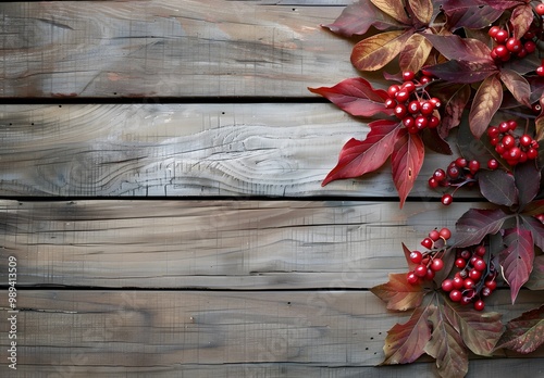 Autumn Leaves and Berries on Rustic Wooden Background