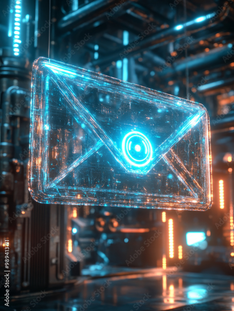 Futuristic holographic email icon in a sci-fi setting. Futuristic holographic email icon in a sci-fi setting.