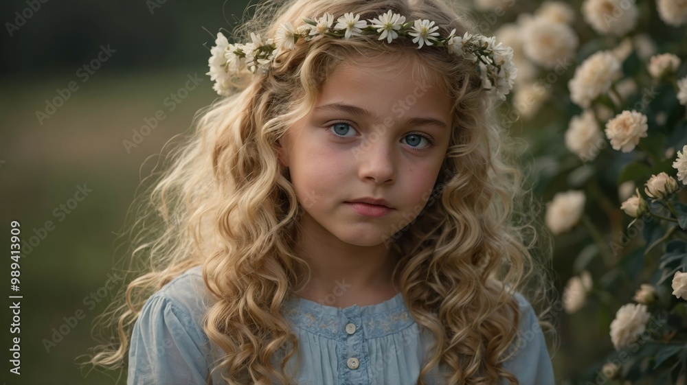 Young blonde girl with curly hair and a floral crown, standing outside by blooming flowers in soft, natural light.
Young blonde girl with curly hair and a floral crown, standing outside by blooming flowers in soft, natural light.