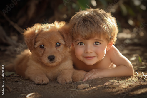 Puppy playing with a kid