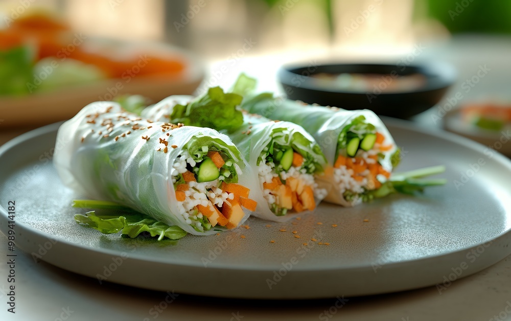 Three fresh spring rolls filled with rice noodles, carrots, and greens. Three fresh spring rolls filled with rice noodles, carrots, and greens.