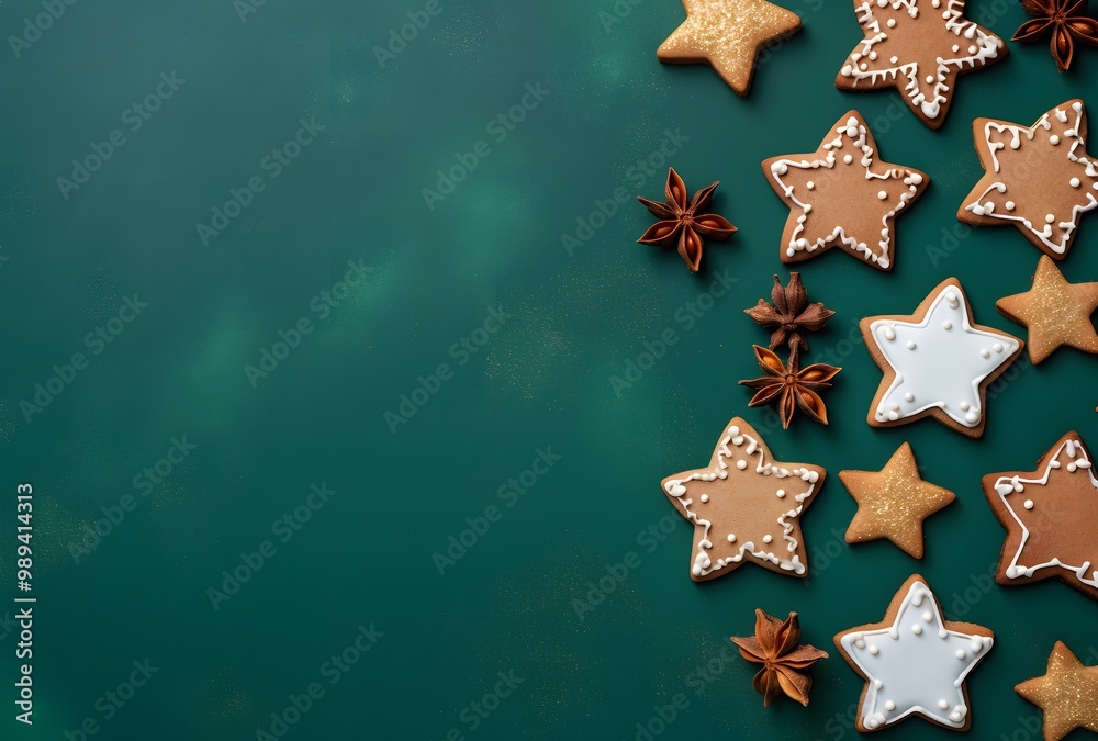 Festive Star Shaped Christmas Cookies on Green Background Festive Star Shaped Christmas Cookies on Green Background