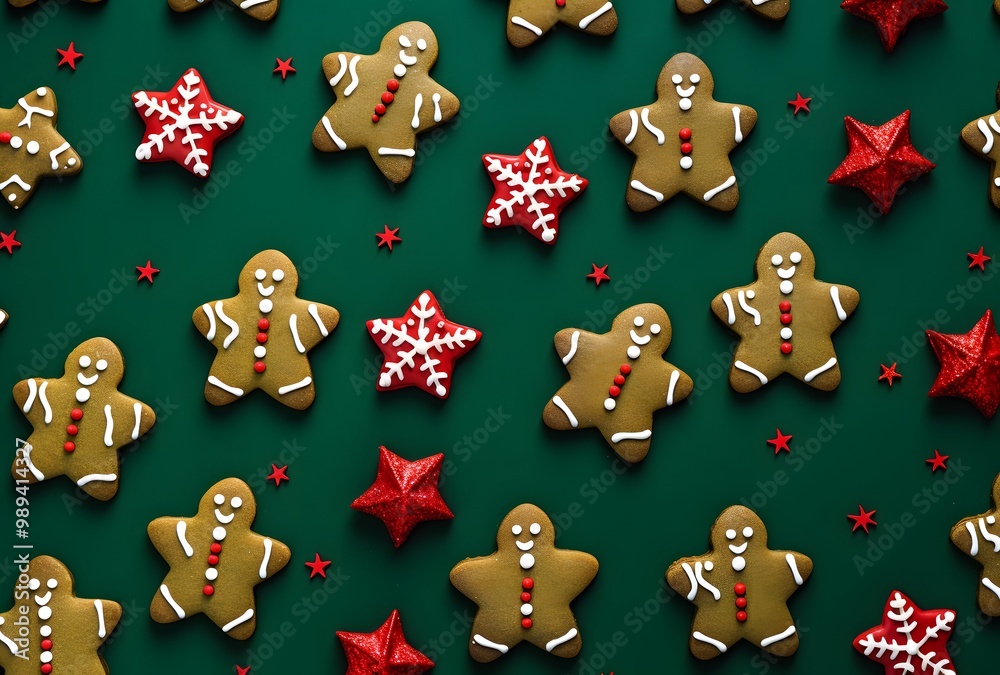 Fototapeta premium Festive Gingerbread Cookies on Green Background