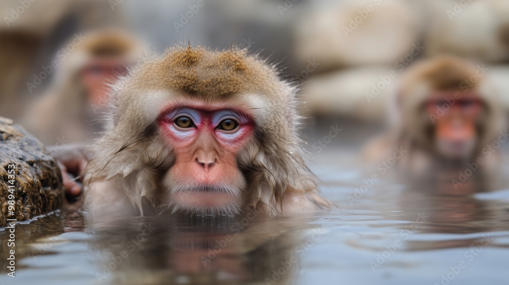 Naklejka premium 温泉に浸かる雪猿 - 日本の冬景色の中での禅のひととき