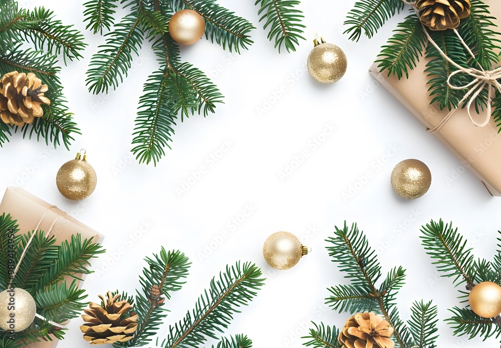 Christmas Fir Tree Branches With Gifts & Ornaments