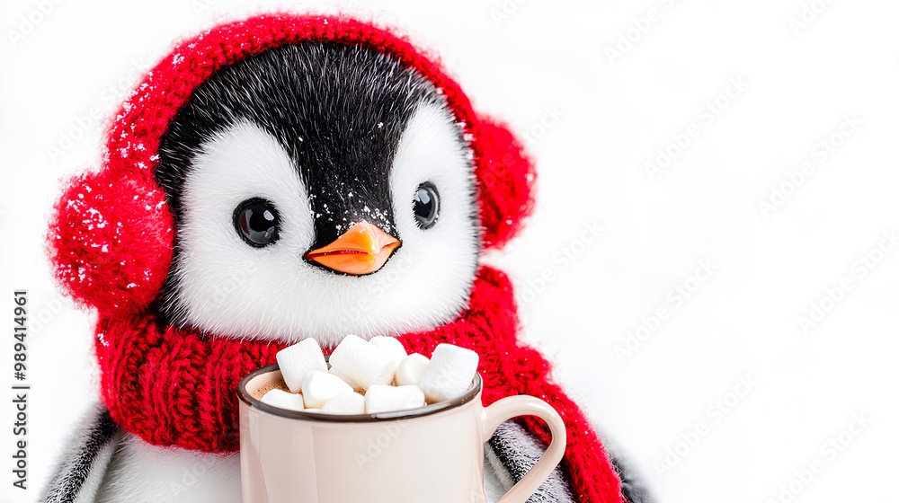 Fototapeta premium Penguin wearing a red hat and scarf is holding a cup of hot chocolate