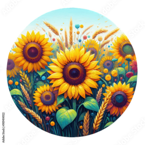 sunflower field with bright yellow sunflowers and wheat ears floral illustration