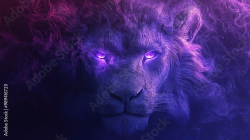 A Glowing Purple Lion's Face in Abstract Lines and Smoke