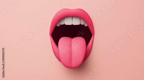 Bold and vibrant depiction of an open mouth with protruding tongue on a soft pastel background, emphasizing color and expression.