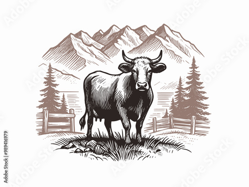 Cow on a pasture in the mountains. Hand drawn sketchy engraving emblem, isolated illustration