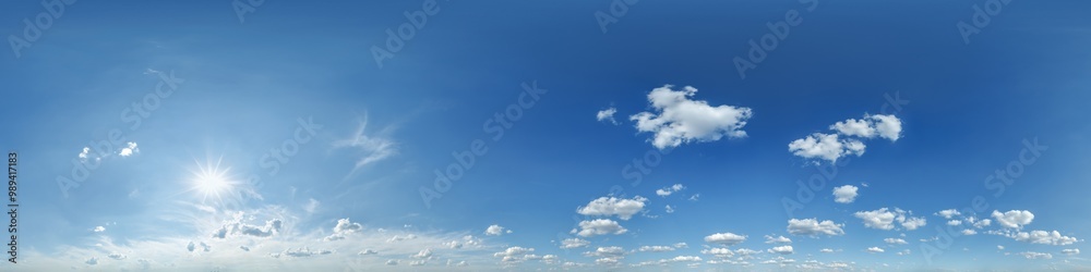 Fototapeta premium blue clear sky hdri 360 panorama with white clouds with zenith for use in 3d graphics as sky dome or edit drone shot as sky replacement