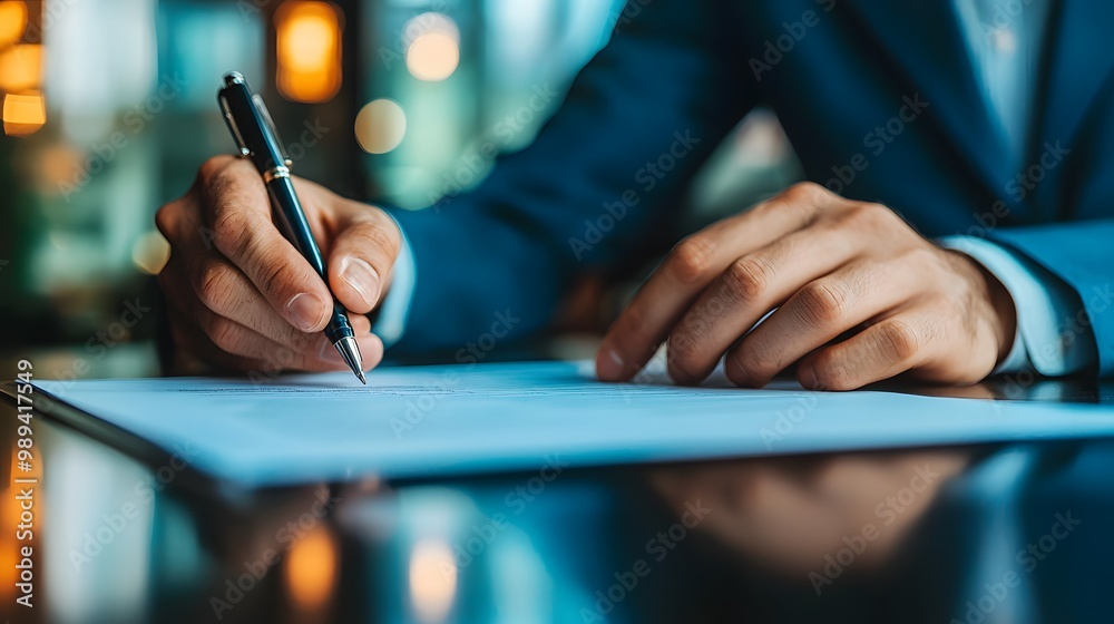 Latino male in a suit signing a document with a fountain pen. Latino male in a suit signing a document with a fountain pen.