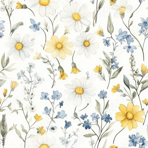 seamless pattern of watercolor wildflowers in yellow, blue, and white on a clean background