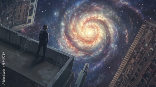 On a tall building rooftop, a figure looks up at a spiraling galaxy impossibly close, its bright stars igniting a profound astrophobia and highlighting their fragility in the cosmos. photo