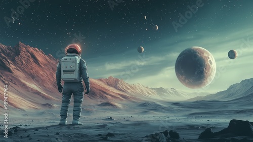 A lone astronaut gazes at a vast alien sky filled with moons and stars, evoking a sense of isolation and wonder on a desolate planet. Astraphobia. photo