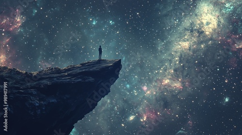 A lone figure stands at the edge of a cliff, gazing into an overwhelming night sky filled with millions of stars and nebulae, feeling a deep sense of dread and insignificance. photo