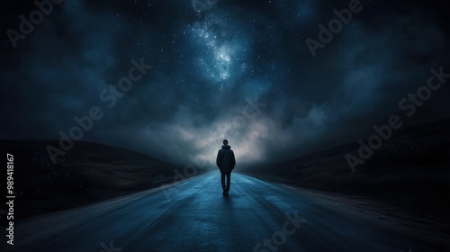 A lone traveler walks down an empty road at night, overwhelmed by an eerie silence and an unnaturally close, glowing sky, triggering intense astrophobia. photo