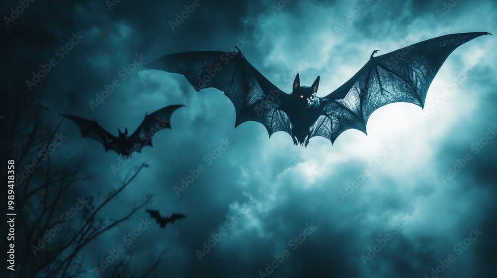 Fototapeta premium Flying bats, dark clouds, and an ominous castle in the background. The scene is illuminated by moonlight casting long shadows over ancient tombstones. Sense of mystery
