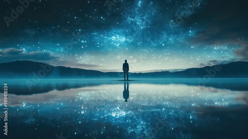 A person stands at the edge of a serene lake at night, gazing at the stars reflected on the water, feeling astrophobia as the boundary between sky and lake blurs into space. photo