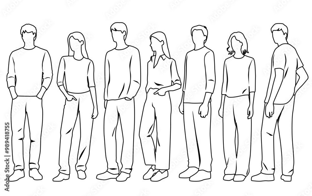 Vector silhouettes of  men and a women, a group of standing  business people, linear sketch, black and white color isolated on white background