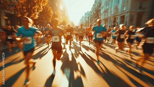 Close-up of many people running in the street during a marathon, blurred background, sunlight, daylight Generative AI