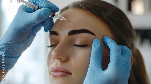 A young woman receiving a beauty treatment with a syringe in a serene environment.