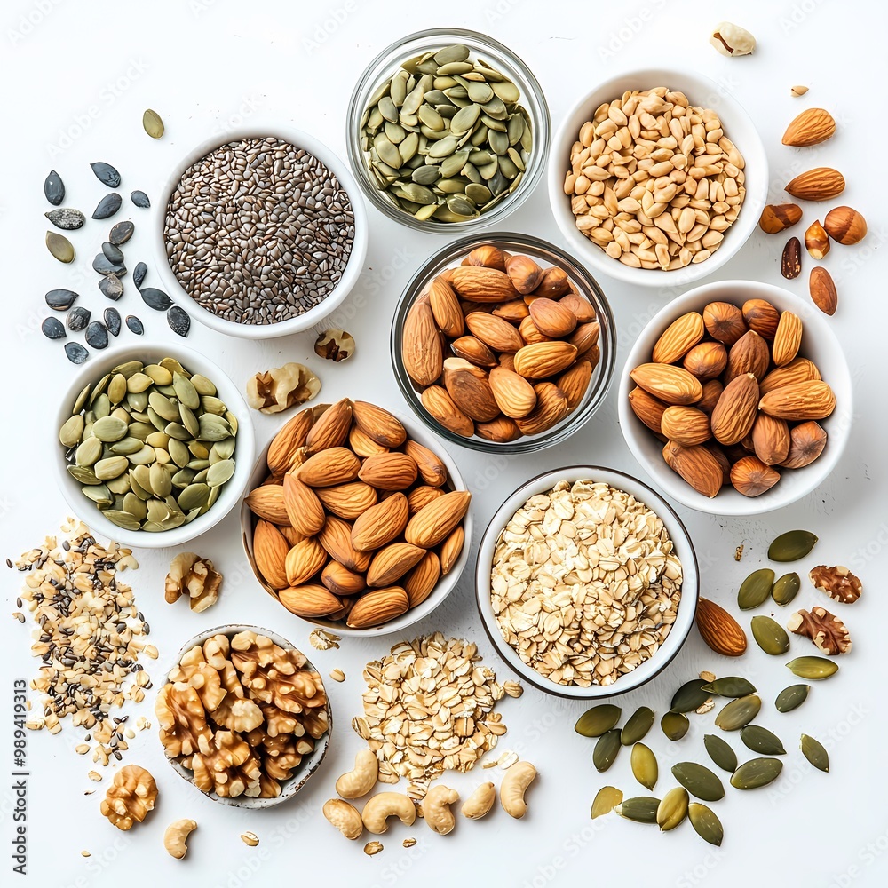 Assorted Nuts, Seeds, and Grains in Flat Lay Style Assorted Nuts, Seeds, and Grains in Flat Lay Style