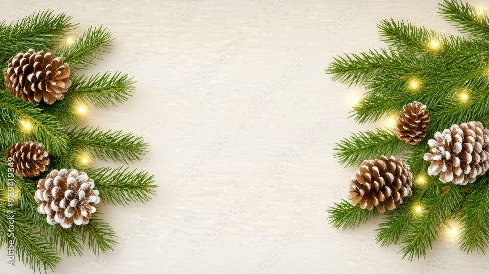 Enchanting Christmas garland with pine cones and twinkling lights on a rustic wooden table for festive celebrations Enchanting Christmas garland with pine cones and twinkling lights on a rustic wooden table for festive celebrations