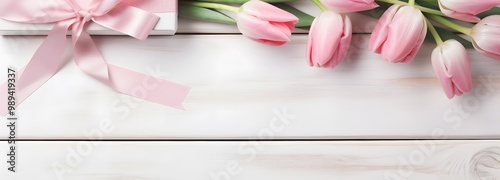 Pink Tulips and Gift Box on Whitewashed Wood