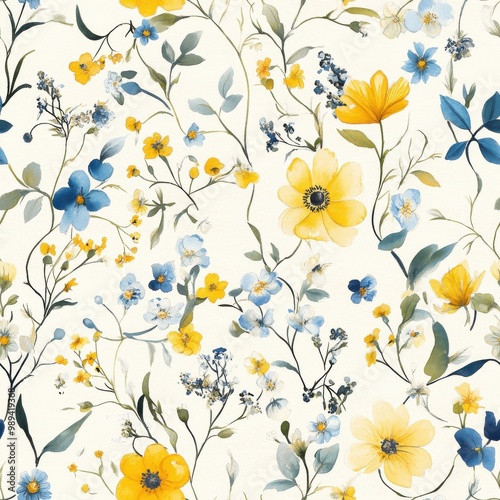 seamless pattern of watercolor wildflowers in yellow, blue, and white on a clean background