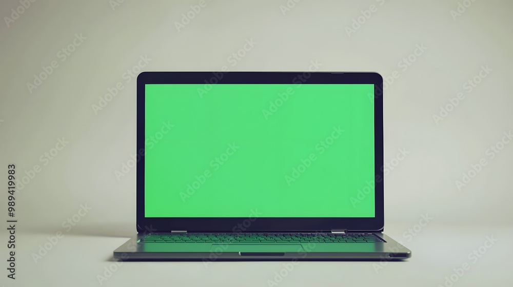 Empty laptop with green screen, ideal for customizable content.