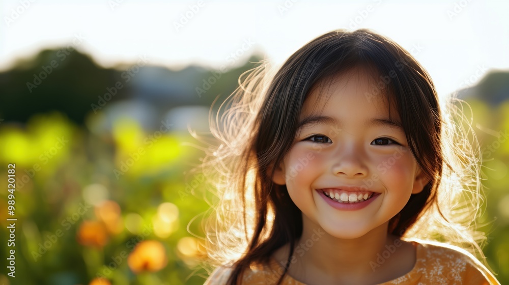 日本の春の太陽の下で喜びにあふれた子供 - カードやポスターに最適 日本の春の太陽の下で喜びにあふれた子供 - カードやポスターに最適