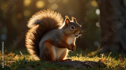 Red Squirrel basking in the golden glow of sunset