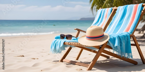 Relaxing beach scene with a deck chair, sunhat, and sunglasses on a sandy shore, overlooking calm blue ocean waters on a sunny day.
