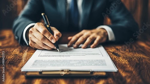 A business professional is carefully signing a significant contract on a polished wooden desk, showcasing determination and focus in an upscale office environment.