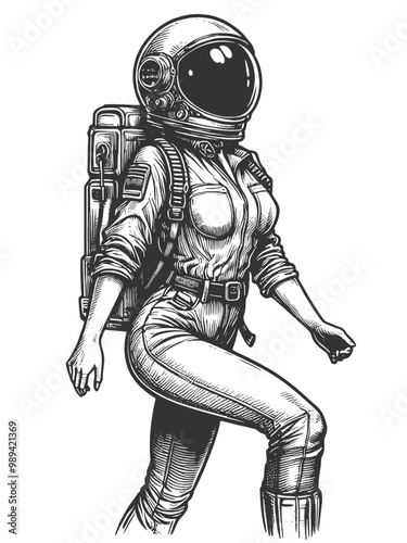 female astronaut in a spacesuit, retro sci-fi aesthetics and space exploration themes sketch engraving generative ai vector illustration. Scratch board imitation. Black and white image.