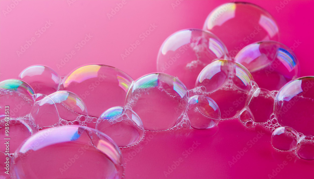 Shimmering soap bubbles on vibrant pink background. Glowing shades and fluid patterns. Close-up. Shimmering soap bubbles on vibrant pink background. Glowing shades and fluid patterns. Close-up.
