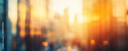 Blurry panoramic photo of a cityscape with golden lights at sunset, abstract urban background