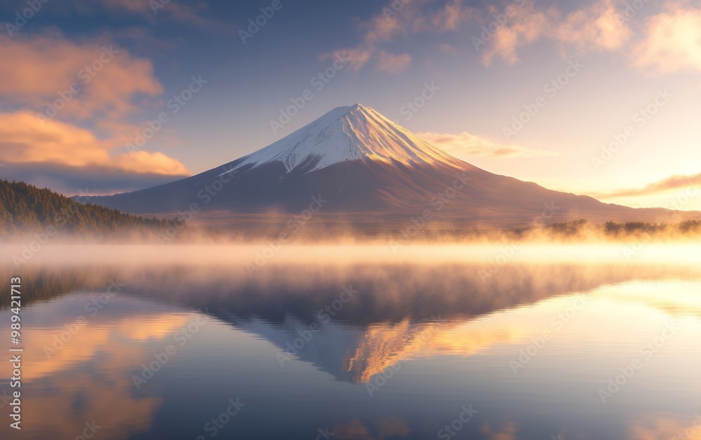 A serene scene with Mount Fuji reflected in a still lake, surrounded by mist and bathed in the soft glow of sunrise. A serene scene with Mount Fuji reflected in a still lake, surrounded by mist and bathed in the soft glow of sunrise.