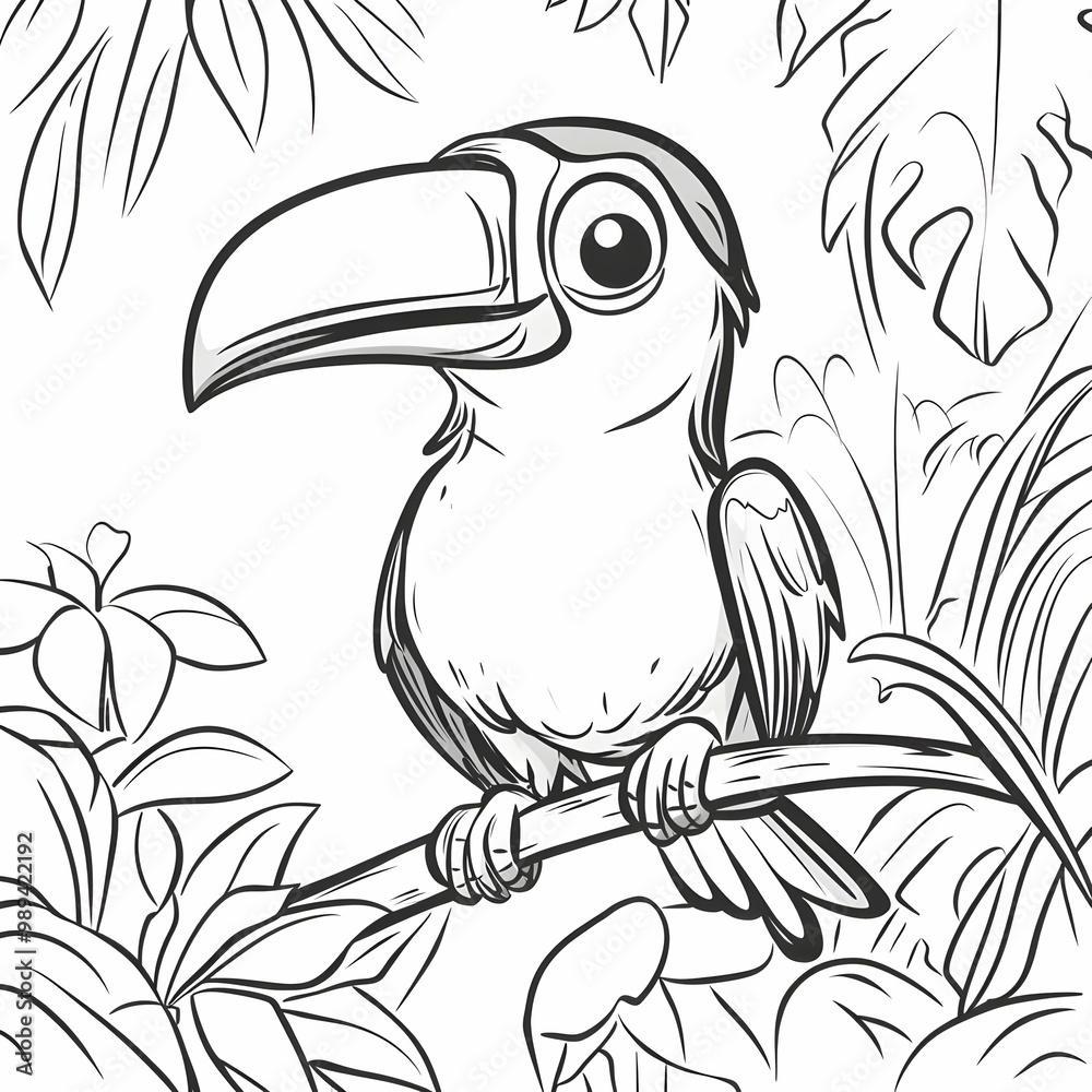 Naklejka premium Cute Toucan Illustration on Branch with Tropical Plants