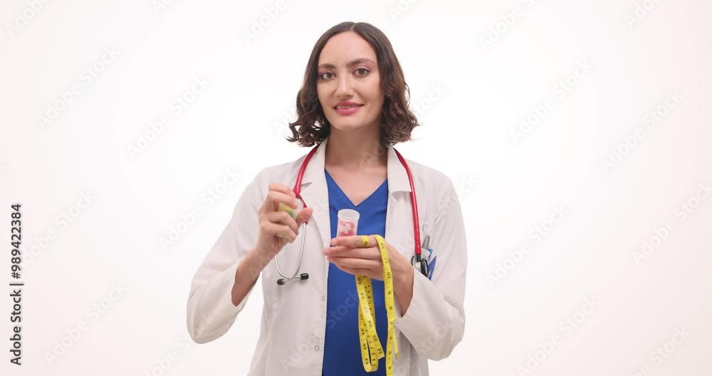 Woman doctor in white robe shows bottle with capsules and measuring tape against white. Medic with stethoscope presents supplements for diet Woman doctor in white robe shows bottle with capsules and measuring tape against white. Medic with stethoscope presents supplements for diet
