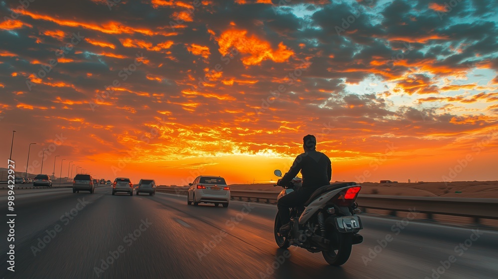 Fototapeta premium Motorcyclist riding on an open highway during sunset with colorful clouds in the sky