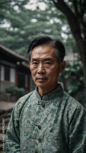 Middle-aged Asian man with short black hair wearing green traditional Chinese-style jacket in garden setting