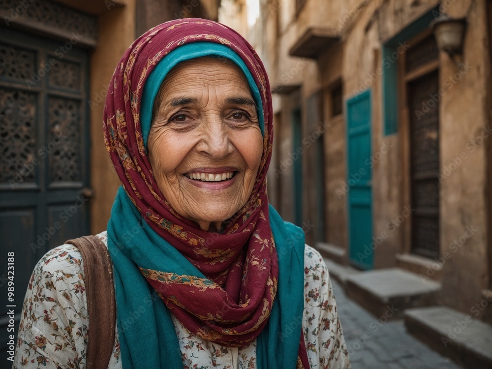 Elderly Middle Eastern woman with wrinkled skin, wearing red and turquoise headscarf, smiling warmly at camera Elderly Middle Eastern woman with wrinkled skin, wearing red and turquoise headscarf, smiling warmly at camera