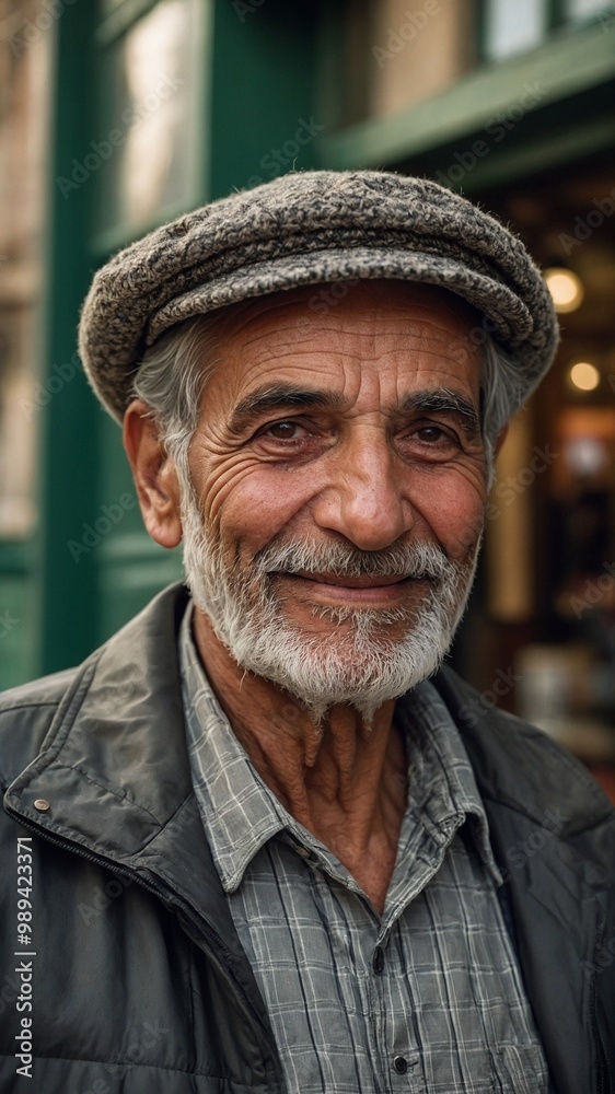 Elderly Caucasian man with long gray beard, wearing flat cap and green jacket, smiling at camera Elderly Caucasian man with long gray beard, wearing flat cap and green jacket, smiling at camera